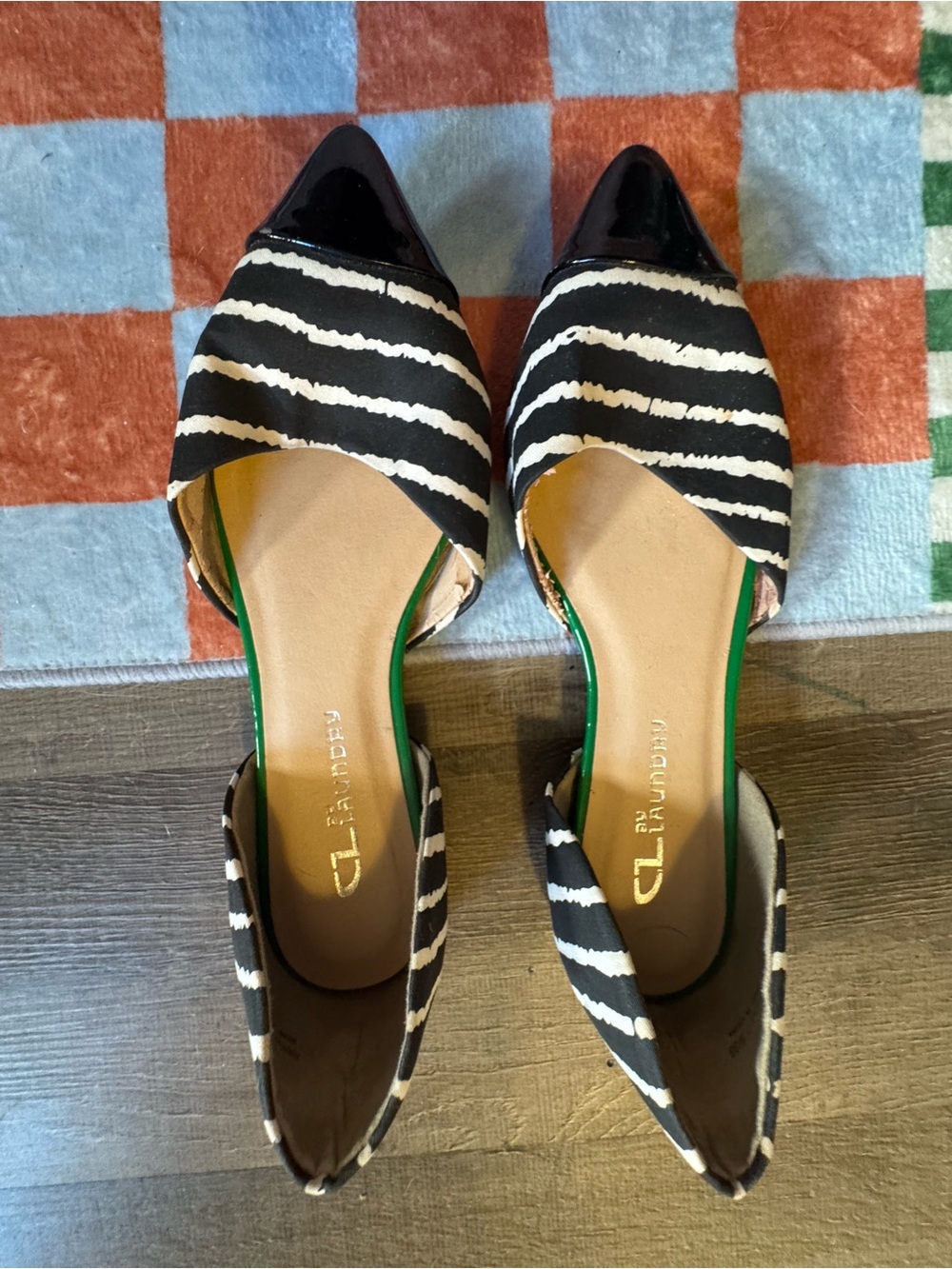 CL by Laundry Black and White Striped Pointed D'Orsay Flats with Patent Toe